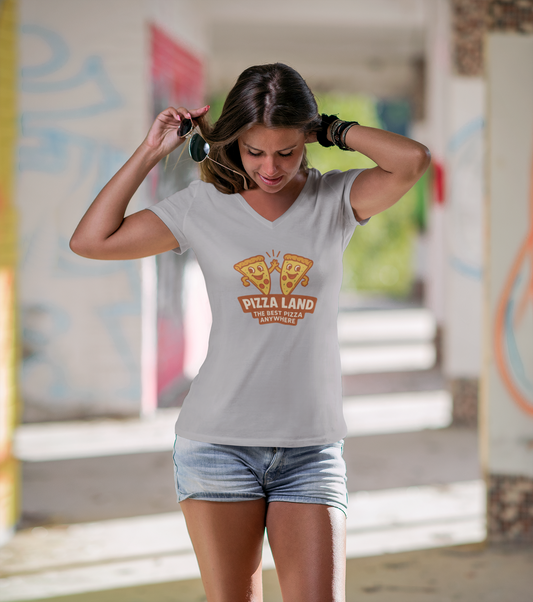 ladies v-neck short sleeve high-five slices logo