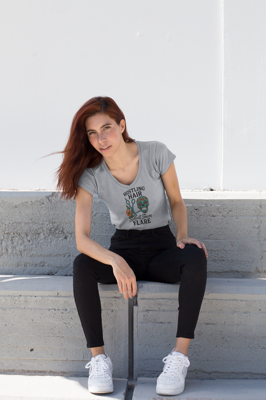 ladies short sleeve V-neck Hustling hair (candy skull)