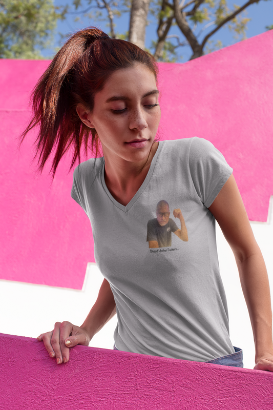 ladies short sleeve v-neck. classic logo with mini dave.