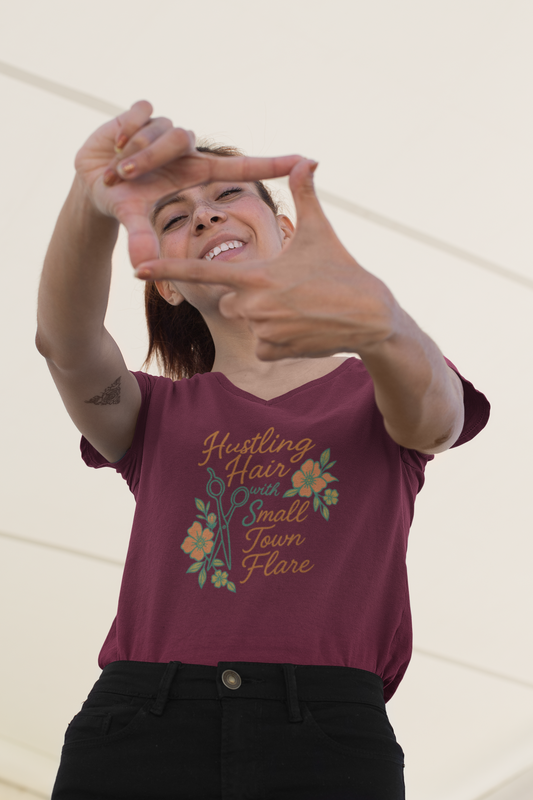 Ladies short sleeve V-neck hustling hair logo (flowers)