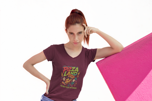 ladies short sleeve v-neck retro skateboard logo