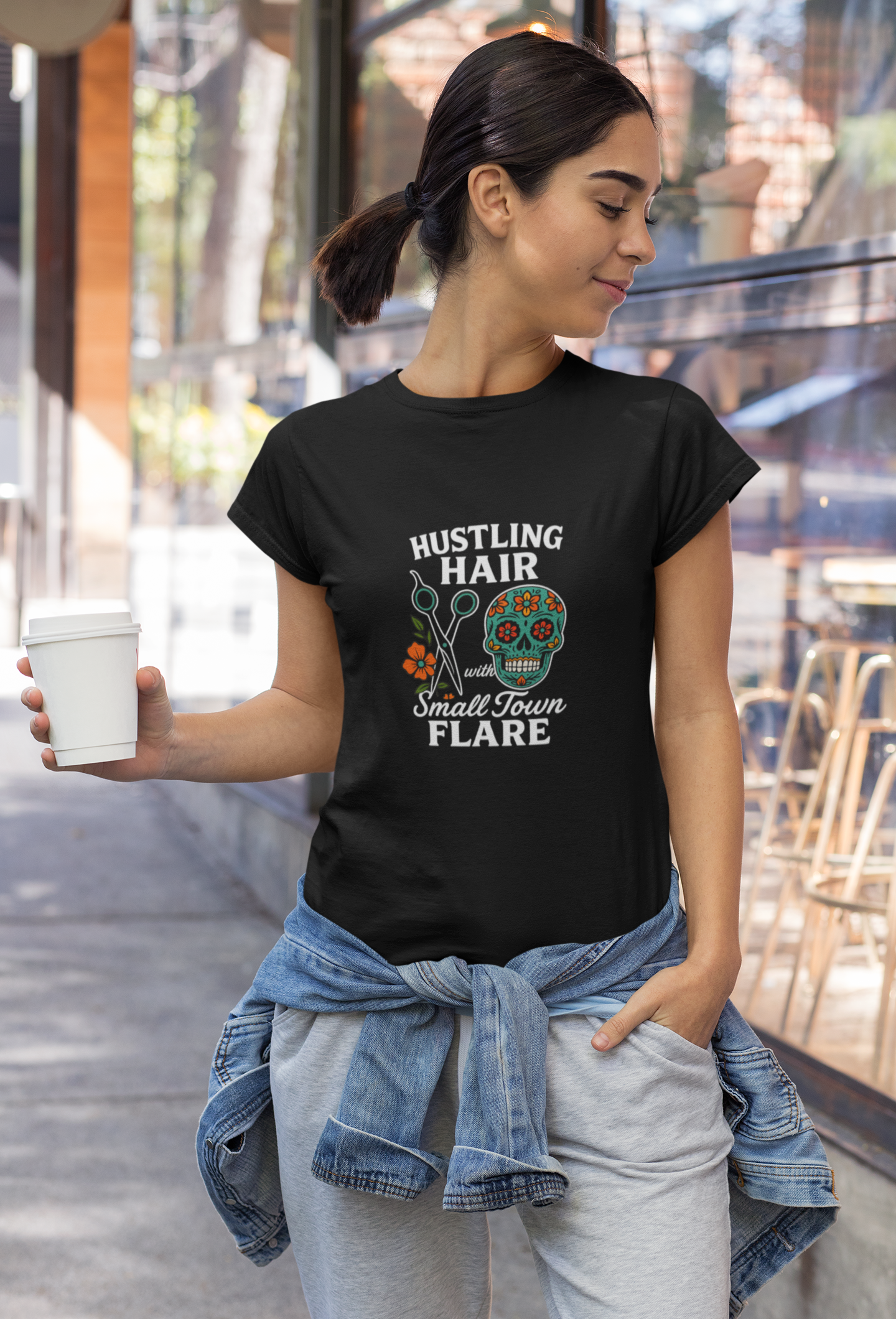 unisex short sleeve t-shirt hustling hair (candy skull)