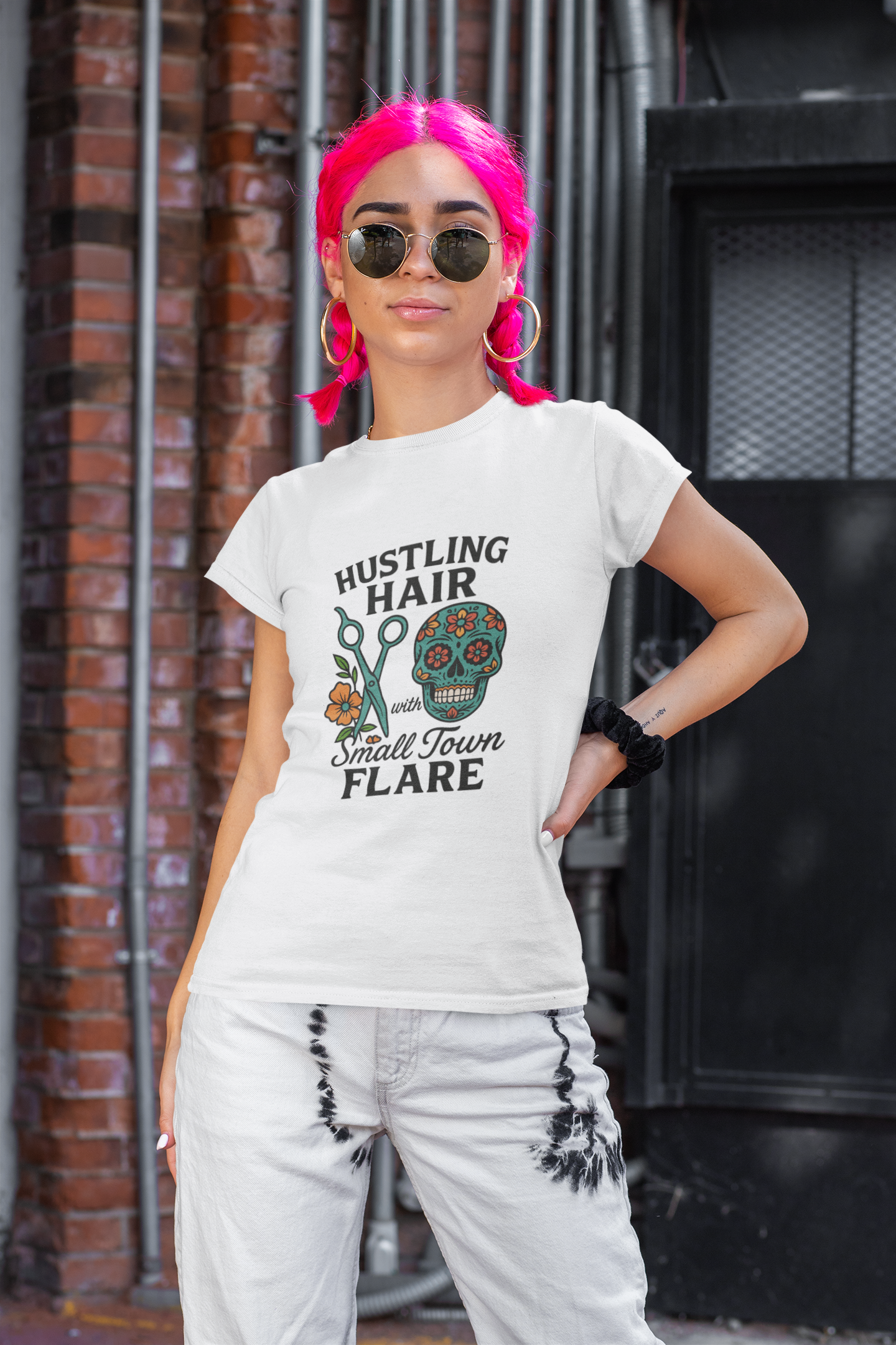unisex short sleeve t-shirt hustling hair (candy skull)