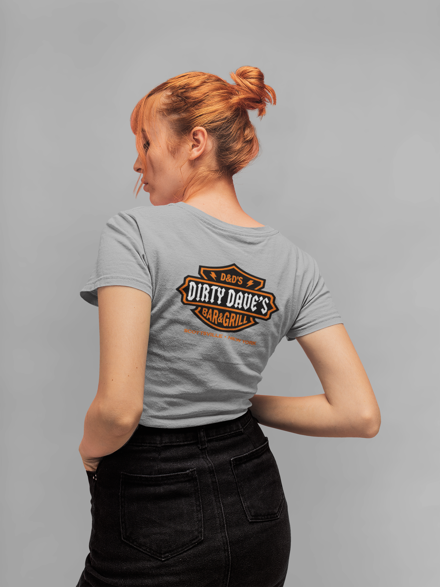 ladies short sleeve v-neck. classic logo with mini dave.