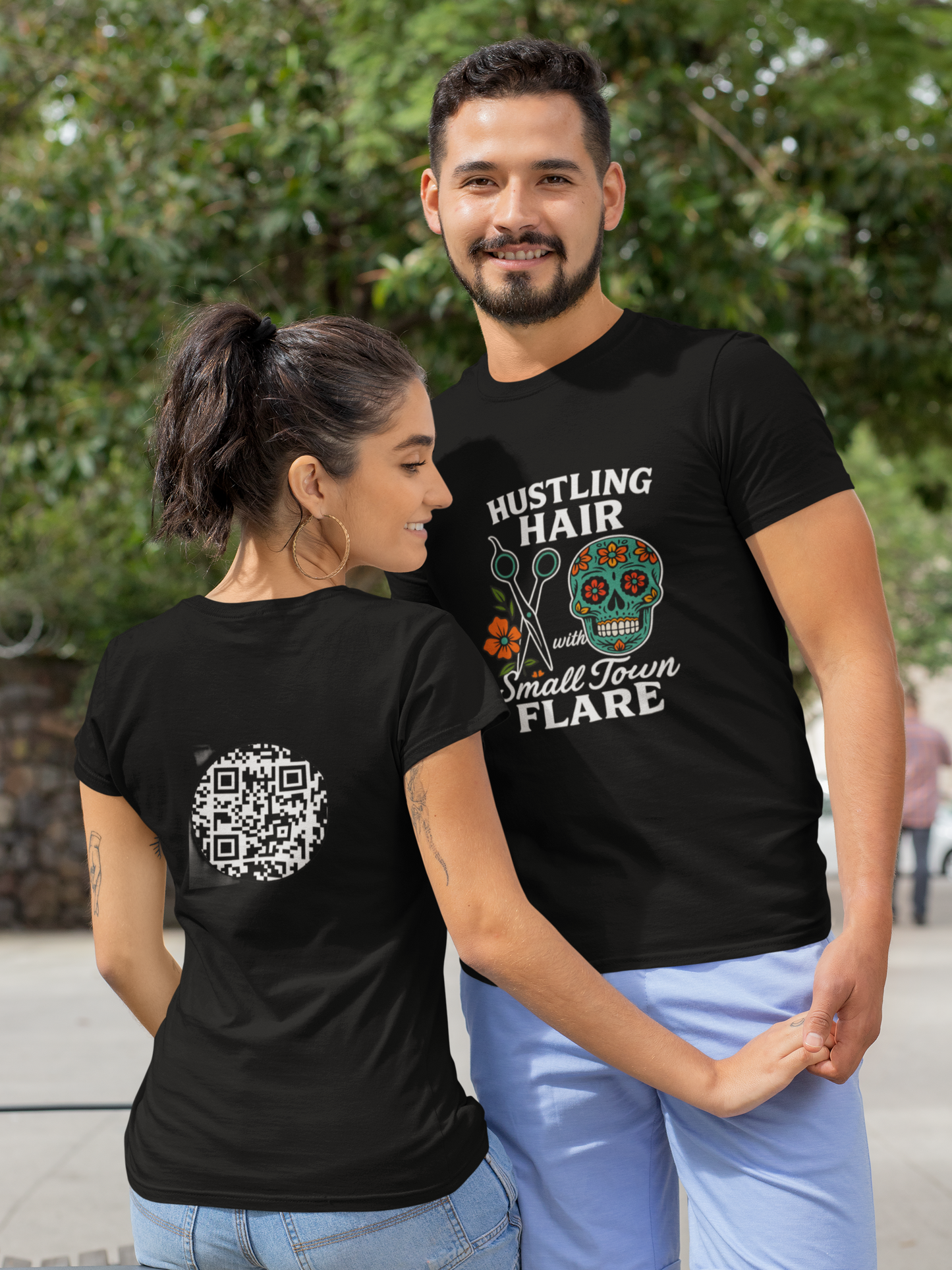 ladies short sleeve V-neck Hustling hair (candy skull)