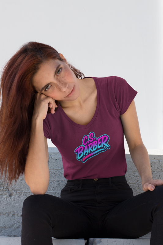 ladies v-neck retro c.s. barber logo