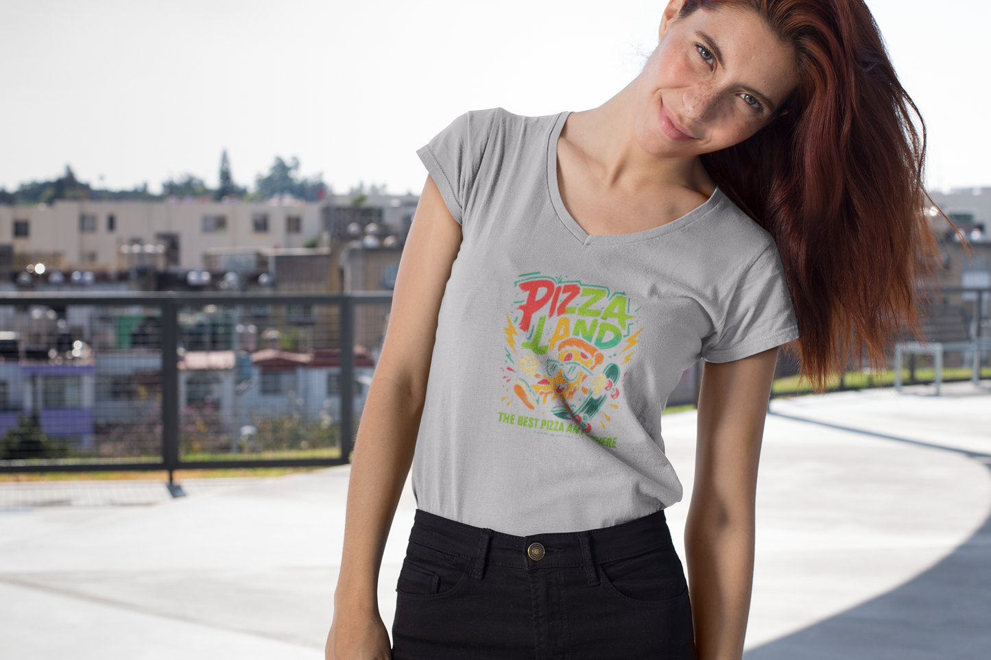ladies short sleeve v-neck retro skateboard logo