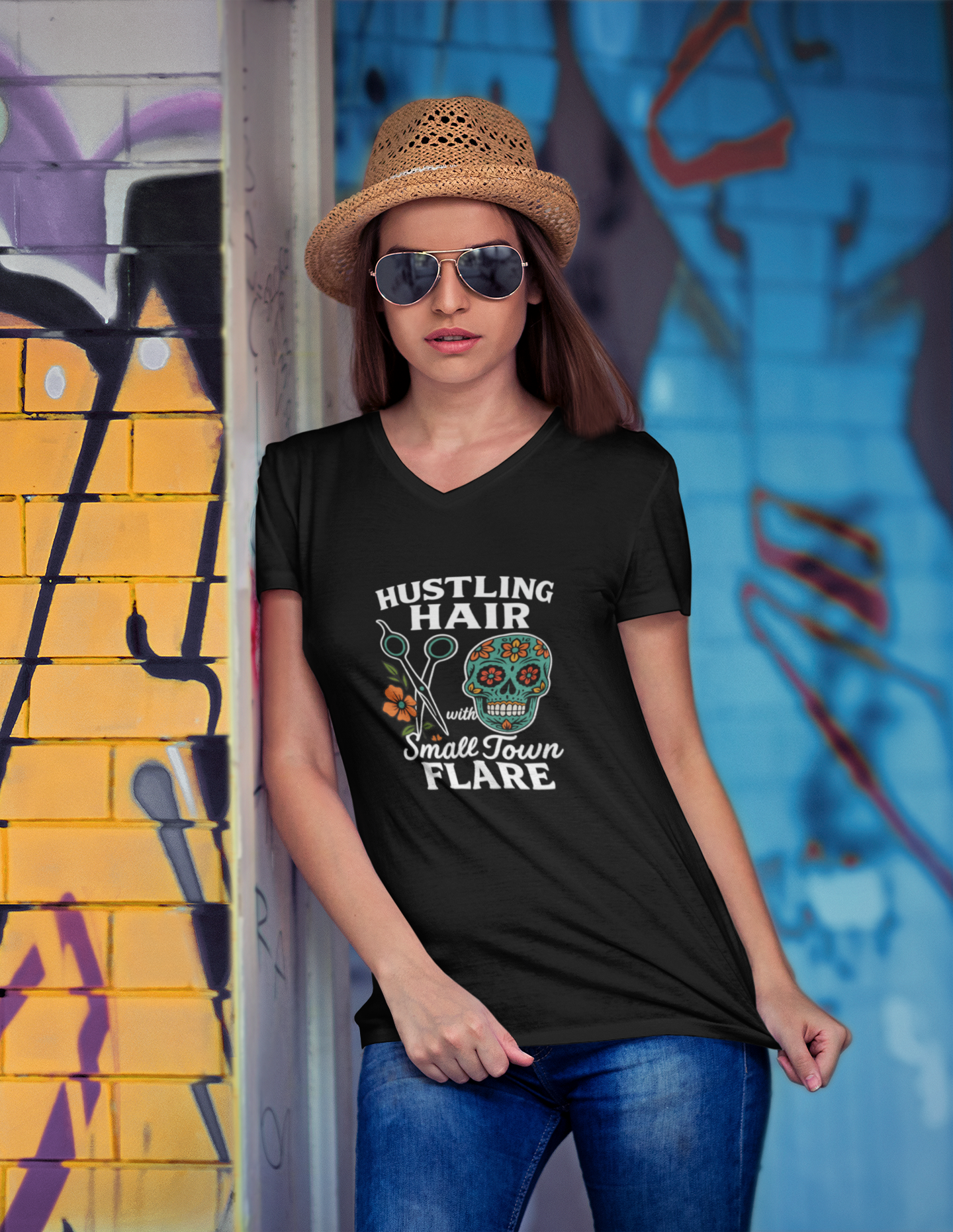 ladies short sleeve V-neck Hustling hair (candy skull)