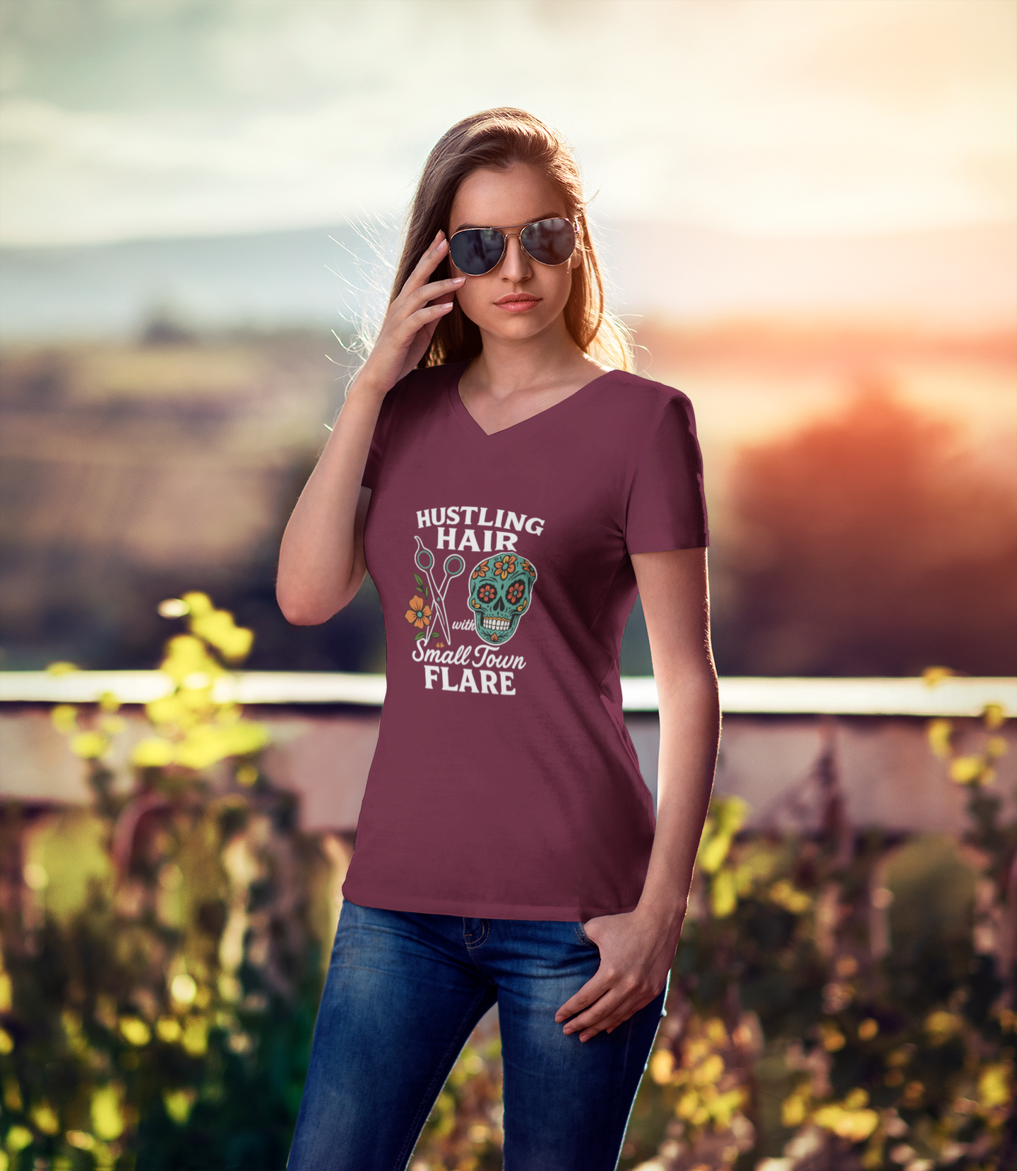 ladies short sleeve V-neck Hustling hair (candy skull)