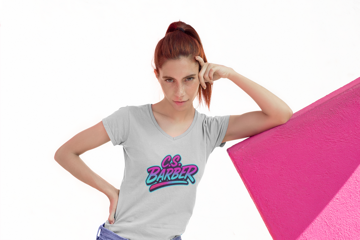 ladies v-neck retro c.s. barber logo