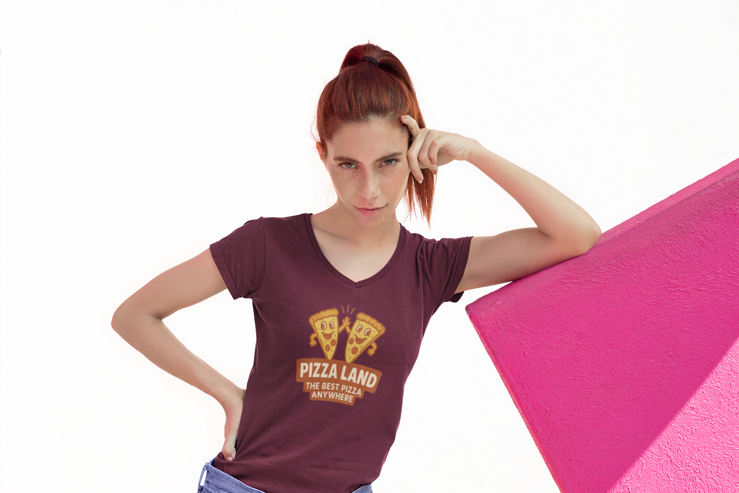 ladies v-neck short sleeve high-five slices logo
