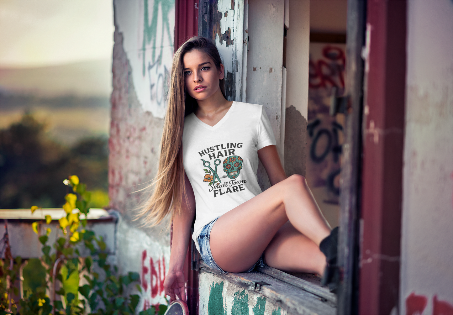 ladies short sleeve V-neck Hustling hair (candy skull)